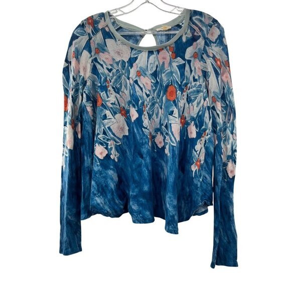 Meadow Rue Women's Long Sleeve Floral Top Blue/Multi Size Medium Keyhole Back - Picture 1 of 9